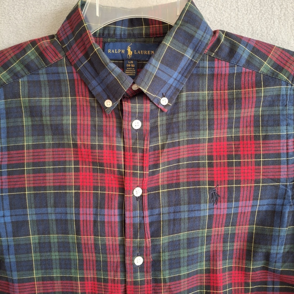 Ralph Lauren Junior's‎ Shirt Blue Red Plaid Button Down Large (14-16) Tartan